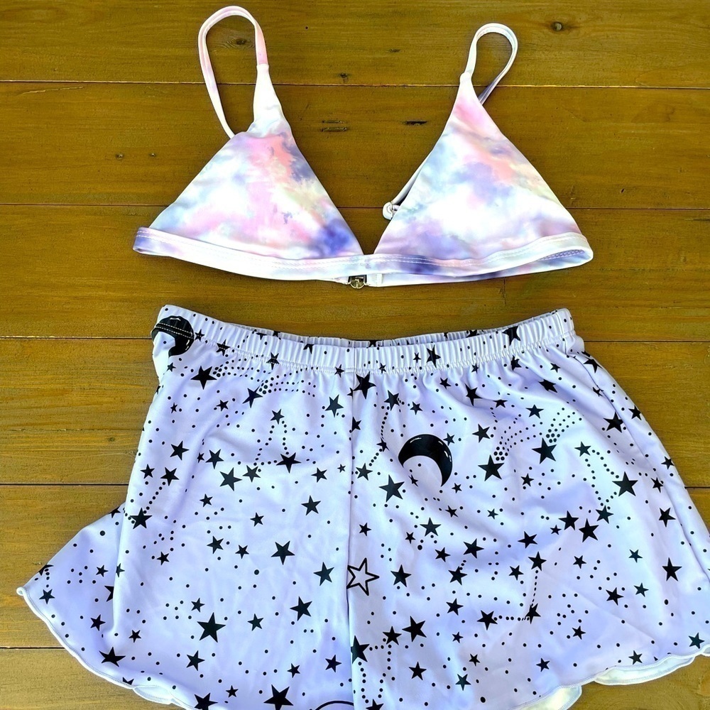 RomWe pink purple tie dye bikini and swim shorts set NWOT